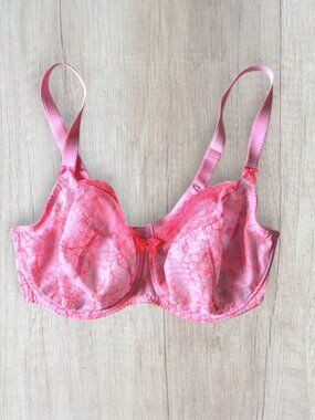 Freya 1921 Boho Balcony Bra 36H Pink Flambe Lace Sheer Unlined Floral Underwire